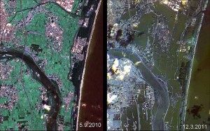 Dieses Bild zeigt die Auswirkungen des Tsunamis in einem Vorher-Nachher-Vergleich der japanischen Küste zwischen dem 5. September 2010 und dem 12. März 2011 (rechts). Daten: Rapid Eye. Quelle: DLR/Rapid Eye