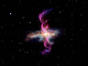 Diese Illustration aus Herschel-Daten zeigt eine sehr leuchtstarke Infrarot-Galaxie mit massereichen Winden aus molekularem Gas.  Quelle: ESA/AOES Medialab.