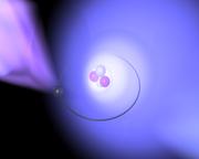 Ein Antiproton (schwarzes Kügelchen), das in einem Helimatom gefangen ist, wird von zwei Laserstrahlen beleuchtet. Grafik: MPQ