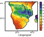 Niederschlagsmengen im südlichen Afrika angegeben in Zentimetern pro Monat im Südsommer (Dezember bis Februar) Abb.: MARUM, Universität Bremen