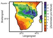 Niederschlagsmengen im südlichen Afrika angegeben in Zentimetern pro Monat im Südsommer (Dezember bis Februar) Abb.: MARUM, Universität Bremen