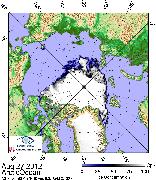 Meereisbedeckungsgrad ("ice concentration") im Arktischen Ozean am 27. August 2012, berechnet am IUP aus Daten des Satelliteninstrumentes SSMIS, "Foto: Uni Bremen / Institut für Umweltphysik"