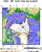 Meereisbedeckungsgrad im Arktischen Ozean beim Minimum 2007 (17.September), berechnet am IUP aus Daten des Satelliteninstrumentes AMSR-E sowie die mittlere Lage der Eiskante während der Minima 2002-2006 (rote Linie) und 1979-1983 (orange Linie). "Foto: Uni Bremen / Institut für Umweltphysik"
