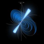 Künstlerische Darstellung eines Pulsars mit intensiver, stark gebündelter Radiostrahlung aus Richtung der magnetischen Pole des Pulsars, in seiner „radiohellen“ Phase. Bildrechte: ESA / ATG medialab