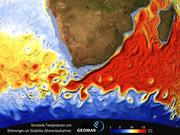 Simulierte Temperaturen und Strömungen (Momentaufnahme) um Afrika. Simulation und Darstellung: GEOMAR