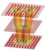 Schematische Darstellung des Verschmelzen zweier Wirbelschläuche, so genannter Sykrmionen, in der magnetischen Struktur einer Substanz. Der Verschmelzungspunkt besitzt die Eigenschaften eines magnetischen Monopols. Durch die Bewegung des Monopols (Verschmelzungspunkts) entlang der Wirbelschläuche verschwinden oder entstehen Skyrmionen. Bild: Ch. Schütte/Universität Köln