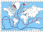 Weltkarte mit Standorten der untersuchten Meeresbodenproben und der globalen Meereszirkulation. Abbildung: Albert Müller 
