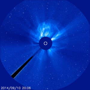 The CME associated with a Sept. 10, 2014, X1.6 flare is visible in this image from the joint European Space Agency and NASA's Solar and Heliospheric Observatory. Image Credit:  ESA&NASA/SOHO