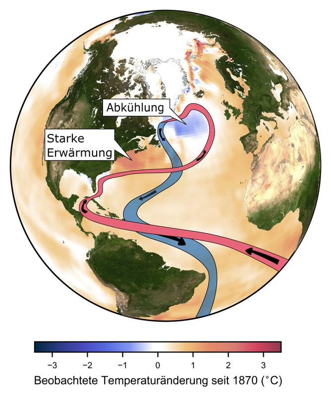 Die vom Menschen verursachte globale Klimaveränderung erwärmt weltweit die Ozeane. Im Nordatlantik bei Grönland zeigt sich aber eine Abkühlung - das Golfstromsystem schwächt sich ab. Quelle: Caesar/PIK