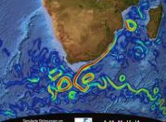 Der Agulhasstrom (rotes Band) fliesst entlang der südafrikanischen Küste. Südwestlich von Kapstadt vollzieht er eine abrupte Kehrtwende zurück in den Indischen Ozean. Dabei schnürt er Wirbel ab, die nach Westen in den Atlantik driften. (Die Farben geben die Stärke der Strömung an.)