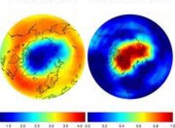 März 2011: stark verringerte Ozonwerte (links, dunkelblau) und deutlich erhöhte Konzentration von Chlormonoxid (rechts, rot), das direkt am Ozonabbau beteiligt ist. (Abbildung: IMK-ASF, KIT)